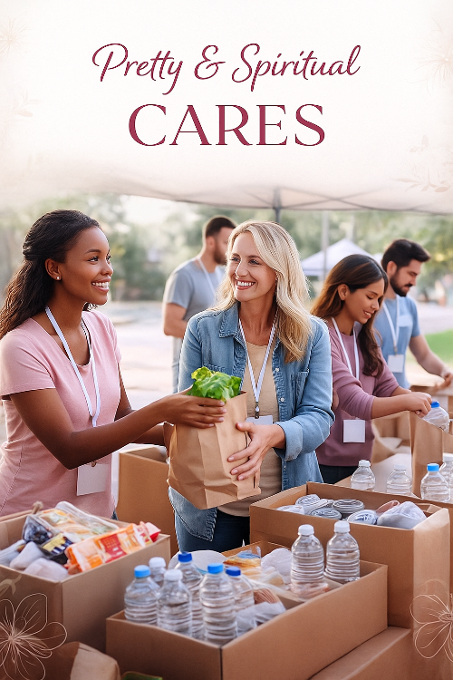 Group of people volunteering at a community event with food and water supplies.